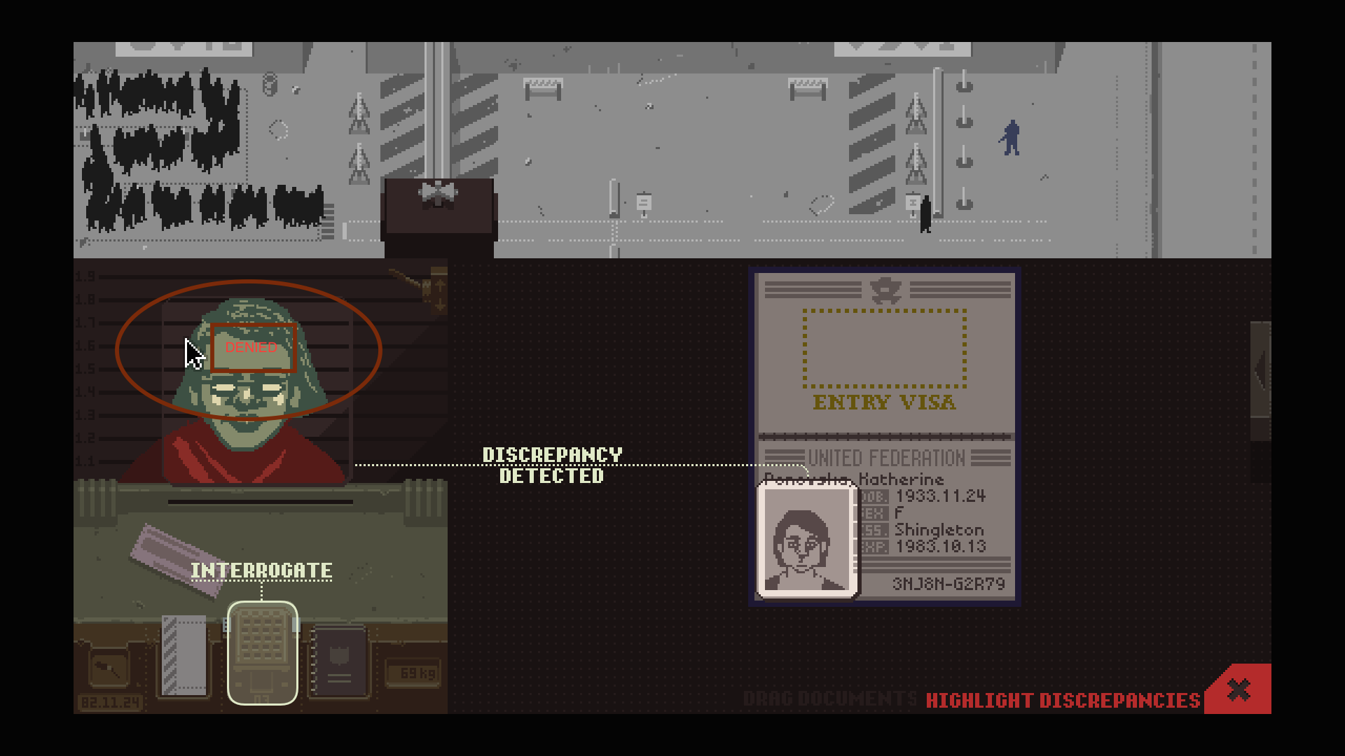 Screenshot of Papers, Please. The player gets orders to admit or reject